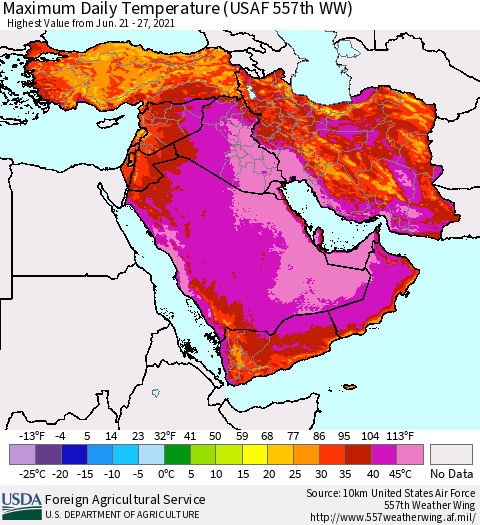 Middle East and Turkey Maximum Daily Temperature (USAF 557th WW) Thematic Map For 6/21/2021 - 6/27/2021