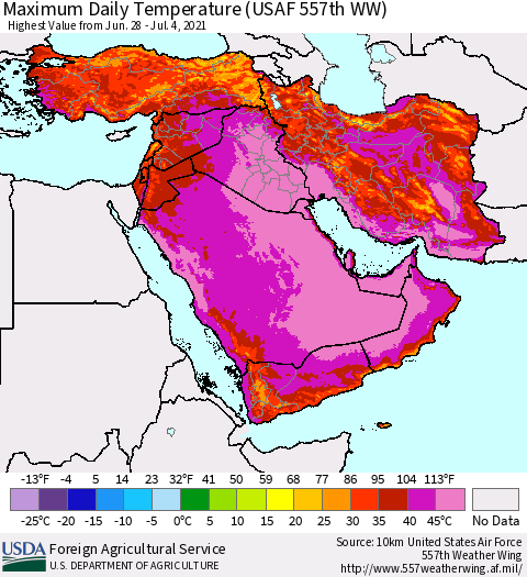 Middle East and Turkey Maximum Daily Temperature (USAF 557th WW) Thematic Map For 6/28/2021 - 7/4/2021