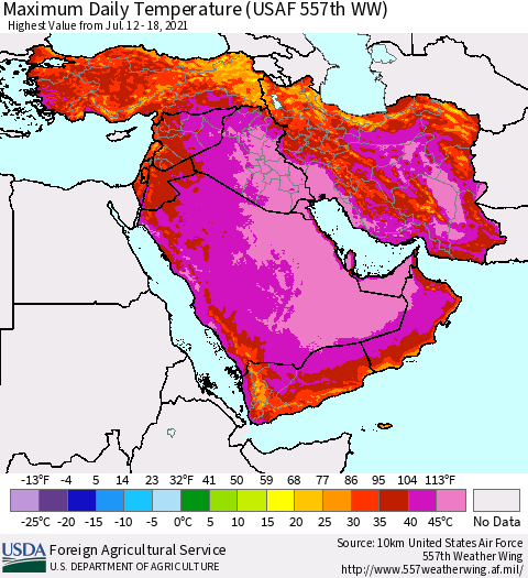Middle East and Turkey Maximum Daily Temperature (USAF 557th WW) Thematic Map For 7/12/2021 - 7/18/2021