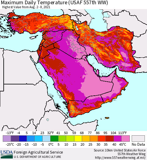 Middle East and Turkey Maximum Daily Temperature (USAF 557th WW) Thematic Map For 8/2/2021 - 8/8/2021