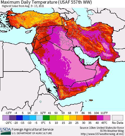 Middle East and Turkey Maximum Daily Temperature (USAF 557th WW) Thematic Map For 8/9/2021 - 8/15/2021