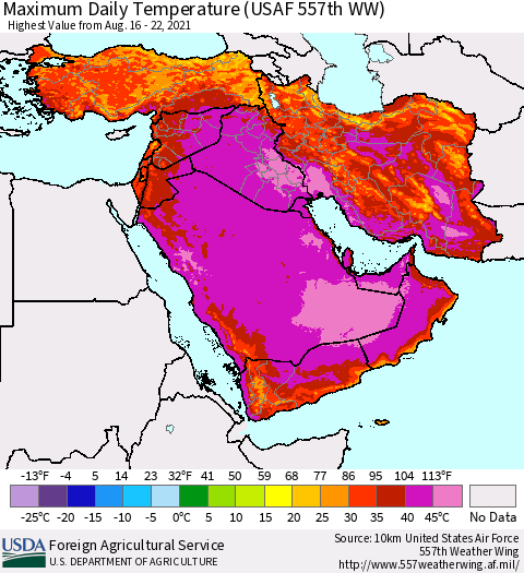 Middle East and Turkey Maximum Daily Temperature (USAF 557th WW) Thematic Map For 8/16/2021 - 8/22/2021