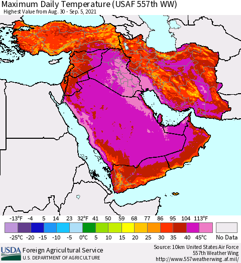 Middle East and Turkey Maximum Daily Temperature (USAF 557th WW) Thematic Map For 8/30/2021 - 9/5/2021