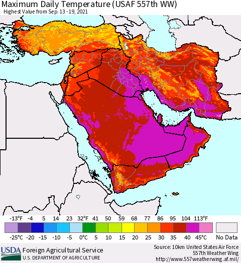 Middle East and Turkey Maximum Daily Temperature (USAF 557th WW) Thematic Map For 9/13/2021 - 9/19/2021
