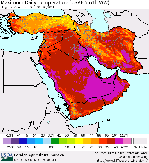 Middle East and Turkey Maximum Daily Temperature (USAF 557th WW) Thematic Map For 9/20/2021 - 9/26/2021