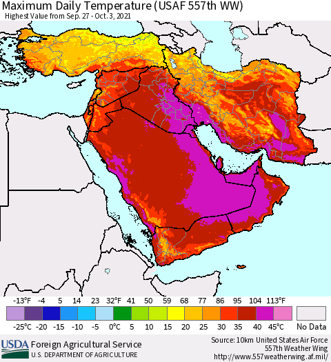 Middle East and Turkey Maximum Daily Temperature (USAF 557th WW) Thematic Map For 9/27/2021 - 10/3/2021
