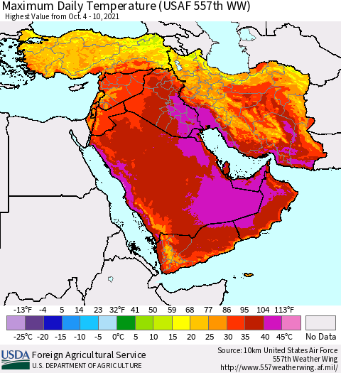 Middle East and Turkey Maximum Daily Temperature (USAF 557th WW) Thematic Map For 10/4/2021 - 10/10/2021