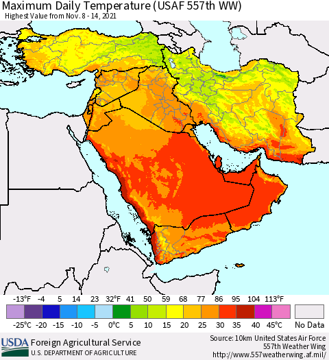Middle East and Turkey Maximum Daily Temperature (USAF 557th WW) Thematic Map For 11/8/2021 - 11/14/2021