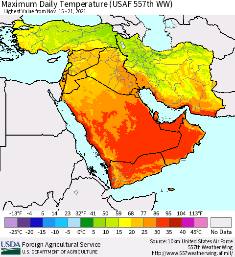 Middle East and Turkey Maximum Daily Temperature (USAF 557th WW) Thematic Map For 11/15/2021 - 11/21/2021