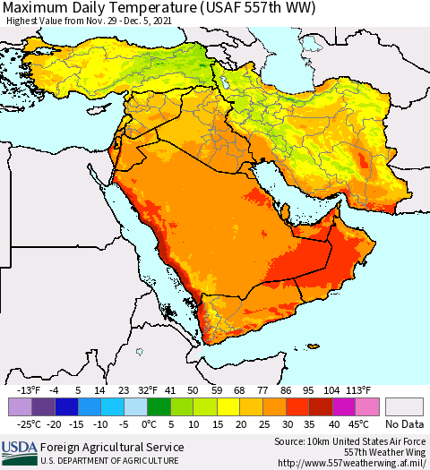 Middle East and Turkey Maximum Daily Temperature (USAF 557th WW) Thematic Map For 11/29/2021 - 12/5/2021
