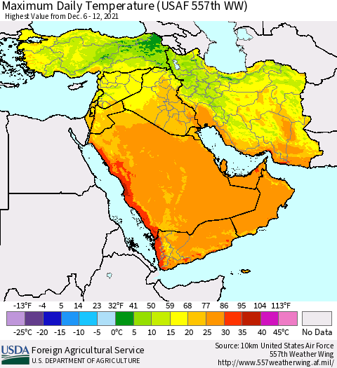 Middle East and Turkey Maximum Daily Temperature (USAF 557th WW) Thematic Map For 12/6/2021 - 12/12/2021