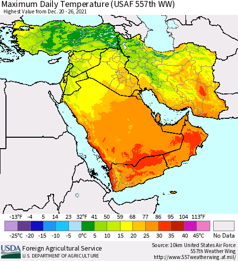 Middle East and Turkey Maximum Daily Temperature (USAF 557th WW) Thematic Map For 12/20/2021 - 12/26/2021