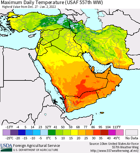 Middle East and Turkey Maximum Daily Temperature (USAF 557th WW) Thematic Map For 12/27/2021 - 1/2/2022