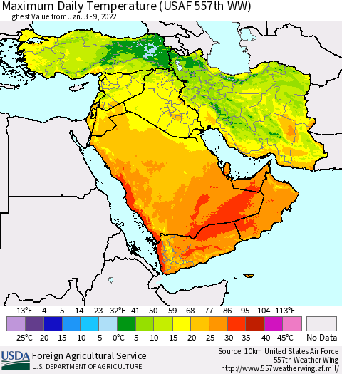 Middle East and Turkey Maximum Daily Temperature (USAF 557th WW) Thematic Map For 1/3/2022 - 1/9/2022