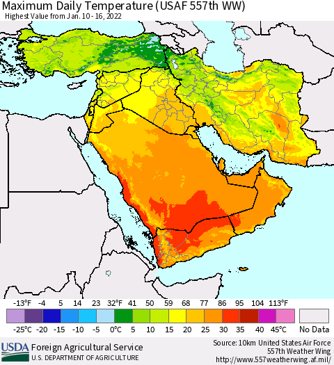 Middle East and Turkey Maximum Daily Temperature (USAF 557th WW) Thematic Map For 1/10/2022 - 1/16/2022