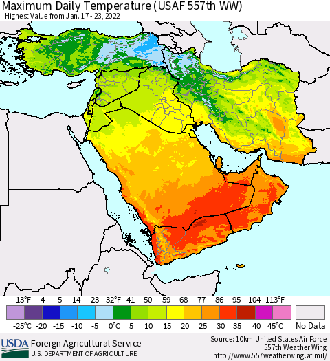 Middle East and Turkey Maximum Daily Temperature (USAF 557th WW) Thematic Map For 1/17/2022 - 1/23/2022