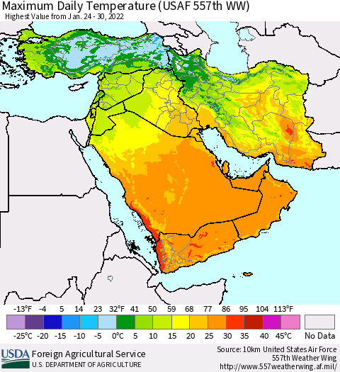 Middle East and Turkey Maximum Daily Temperature (USAF 557th WW) Thematic Map For 1/24/2022 - 1/30/2022