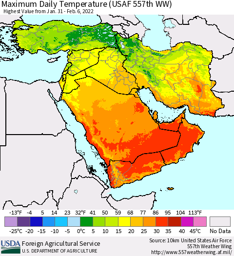 Middle East and Turkey Maximum Daily Temperature (USAF 557th WW) Thematic Map For 1/31/2022 - 2/6/2022