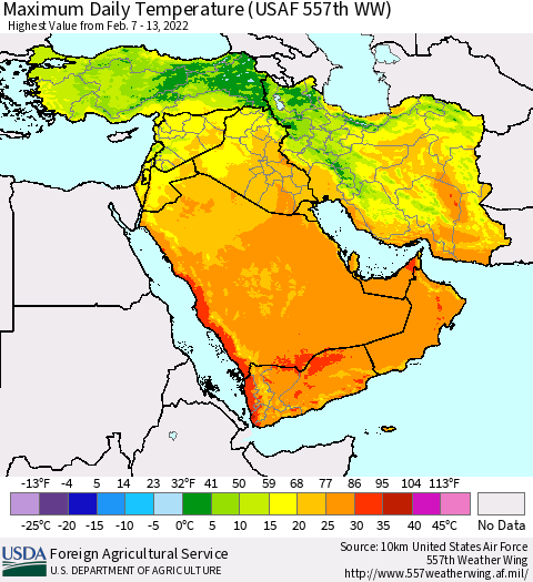 Middle East and Turkey Maximum Daily Temperature (USAF 557th WW) Thematic Map For 2/7/2022 - 2/13/2022