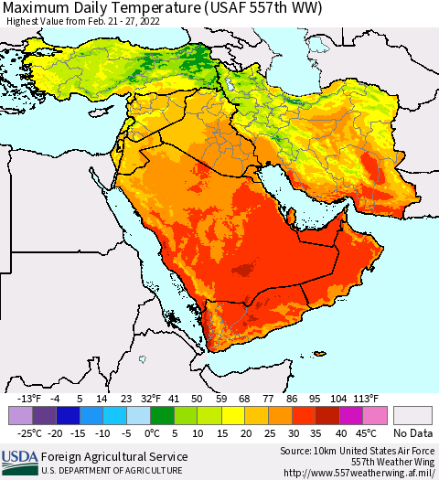 Middle East and Turkey Maximum Daily Temperature (USAF 557th WW) Thematic Map For 2/21/2022 - 2/27/2022