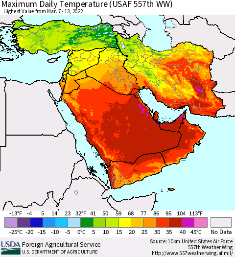 Middle East and Turkey Maximum Daily Temperature (USAF 557th WW) Thematic Map For 3/7/2022 - 3/13/2022