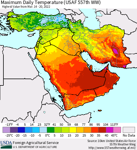 Middle East and Turkey Maximum Daily Temperature (USAF 557th WW) Thematic Map For 3/14/2022 - 3/20/2022