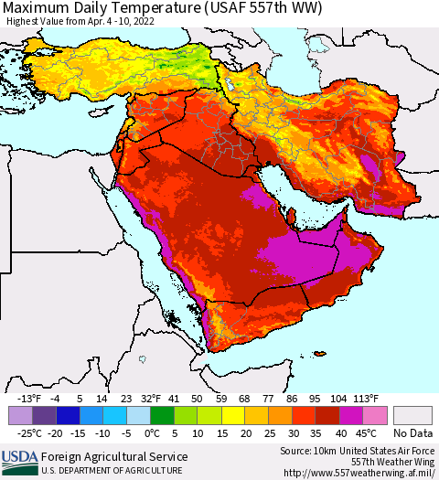 Middle East and Turkey Maximum Daily Temperature (USAF 557th WW) Thematic Map For 4/4/2022 - 4/10/2022