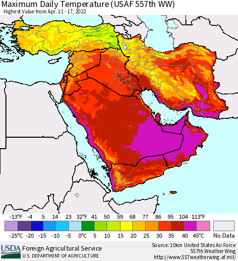 Middle East and Turkey Maximum Daily Temperature (USAF 557th WW) Thematic Map For 4/11/2022 - 4/17/2022