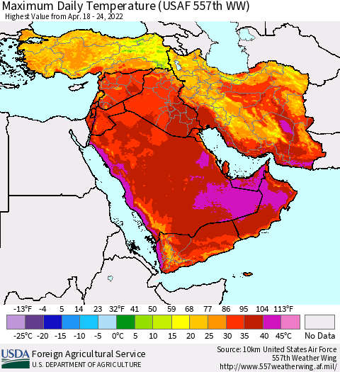 Middle East and Turkey Maximum Daily Temperature (USAF 557th WW) Thematic Map For 4/18/2022 - 4/24/2022