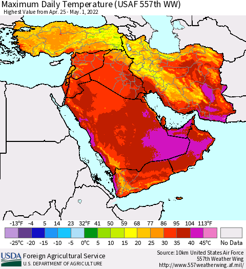 Middle East and Turkey Maximum Daily Temperature (USAF 557th WW) Thematic Map For 4/25/2022 - 5/1/2022