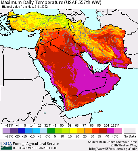Middle East and Turkey Maximum Daily Temperature (USAF 557th WW) Thematic Map For 5/2/2022 - 5/8/2022