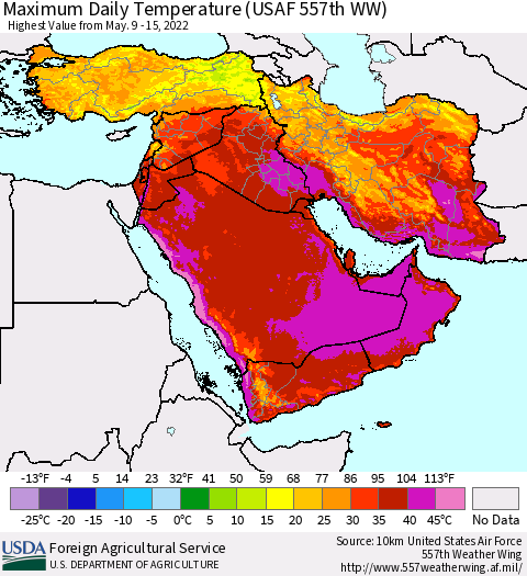 Middle East and Turkey Maximum Daily Temperature (USAF 557th WW) Thematic Map For 5/9/2022 - 5/15/2022