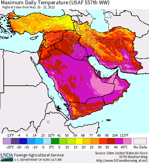 Middle East and Turkey Maximum Daily Temperature (USAF 557th WW) Thematic Map For 5/16/2022 - 5/22/2022