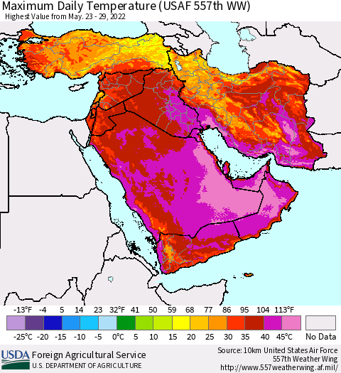 Middle East and Turkey Maximum Daily Temperature (USAF 557th WW) Thematic Map For 5/23/2022 - 5/29/2022