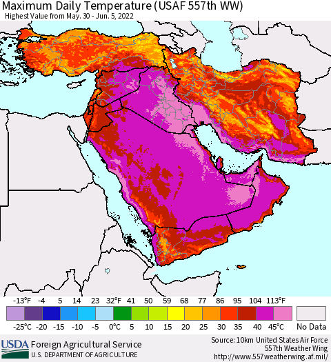 Middle East and Turkey Maximum Daily Temperature (USAF 557th WW) Thematic Map For 5/30/2022 - 6/5/2022