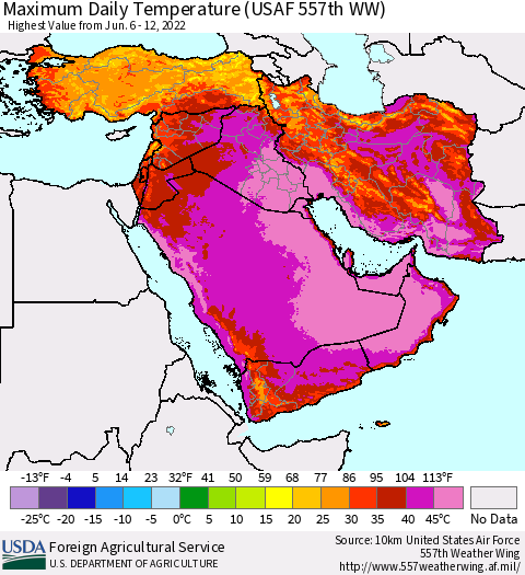 Middle East and Turkey Maximum Daily Temperature (USAF 557th WW) Thematic Map For 6/6/2022 - 6/12/2022