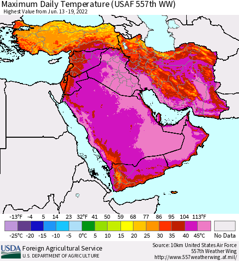 Middle East and Turkey Maximum Daily Temperature (USAF 557th WW) Thematic Map For 6/13/2022 - 6/19/2022