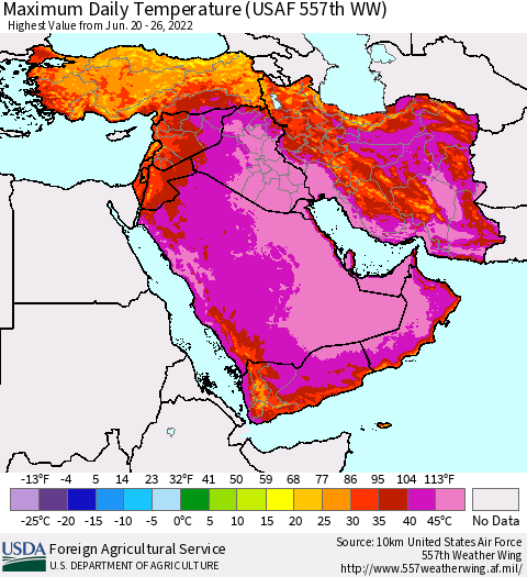 Middle East and Turkey Maximum Daily Temperature (USAF 557th WW) Thematic Map For 6/20/2022 - 6/26/2022