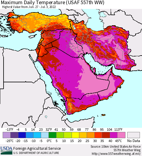 Middle East and Turkey Maximum Daily Temperature (USAF 557th WW) Thematic Map For 6/27/2022 - 7/3/2022
