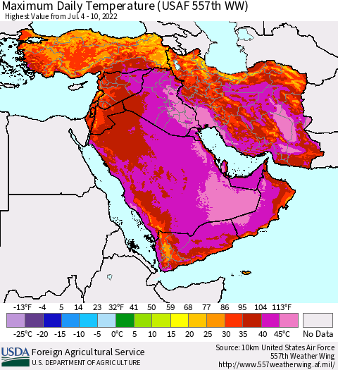 Middle East and Turkey Maximum Daily Temperature (USAF 557th WW) Thematic Map For 7/4/2022 - 7/10/2022