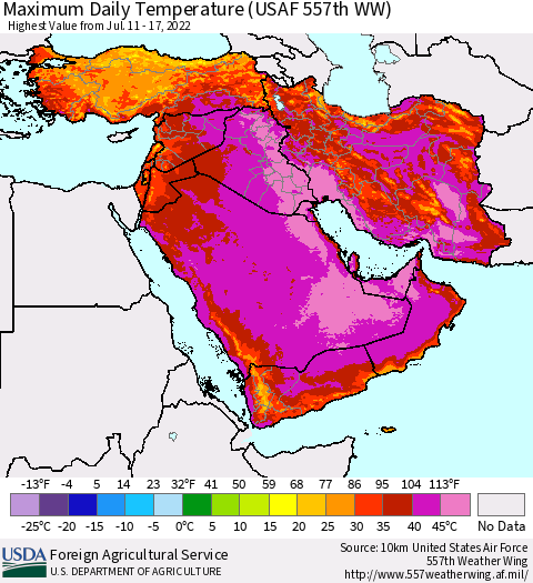 Middle East and Turkey Maximum Daily Temperature (USAF 557th WW) Thematic Map For 7/11/2022 - 7/17/2022