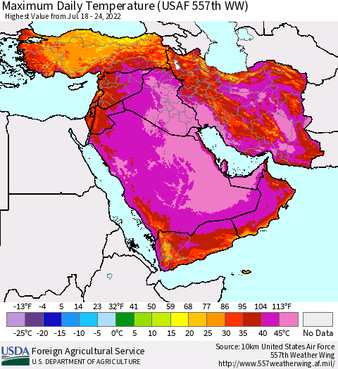 Middle East and Turkey Maximum Daily Temperature (USAF 557th WW) Thematic Map For 7/18/2022 - 7/24/2022