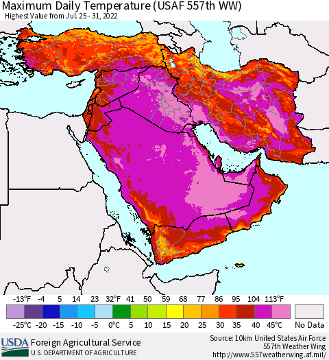 Middle East and Turkey Maximum Daily Temperature (USAF 557th WW) Thematic Map For 7/25/2022 - 7/31/2022
