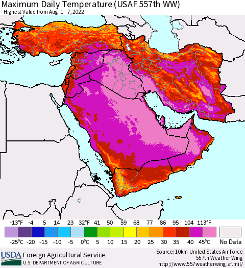 Middle East and Turkey Maximum Daily Temperature (USAF 557th WW) Thematic Map For 8/1/2022 - 8/7/2022