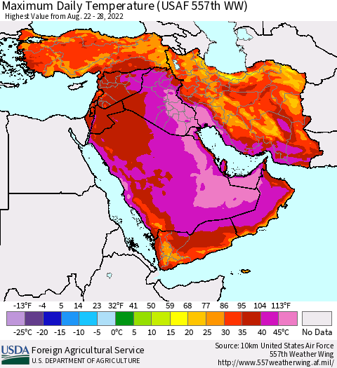 Middle East and Turkey Maximum Daily Temperature (USAF 557th WW) Thematic Map For 8/22/2022 - 8/28/2022