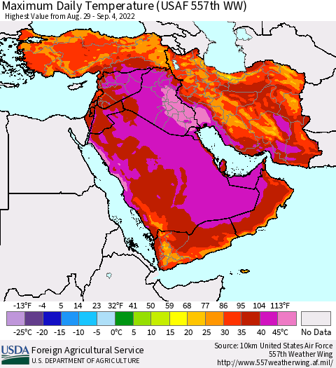 Middle East and Turkey Maximum Daily Temperature (USAF 557th WW) Thematic Map For 8/29/2022 - 9/4/2022