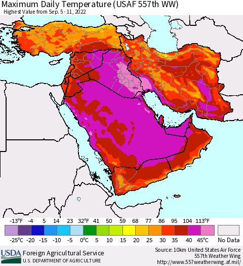 Middle East and Turkey Maximum Daily Temperature (USAF 557th WW) Thematic Map For 9/5/2022 - 9/11/2022