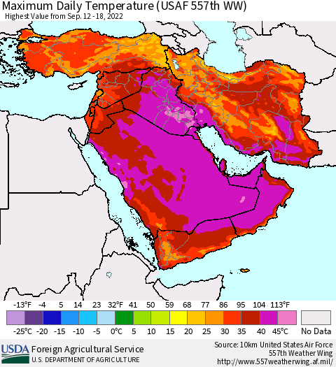 Middle East and Turkey Maximum Daily Temperature (USAF 557th WW) Thematic Map For 9/12/2022 - 9/18/2022