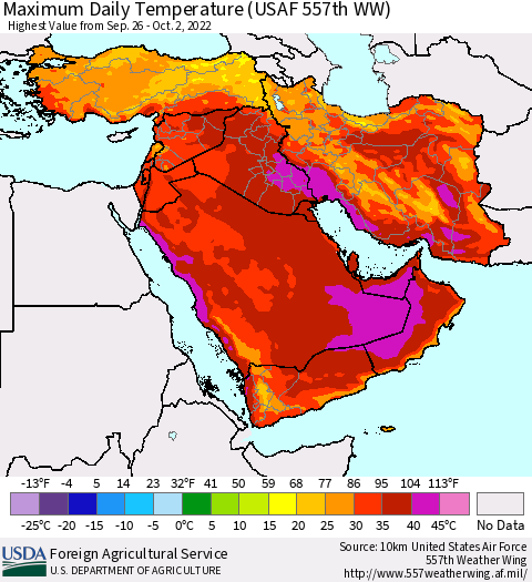 Middle East and Turkey Maximum Daily Temperature (USAF 557th WW) Thematic Map For 9/26/2022 - 10/2/2022