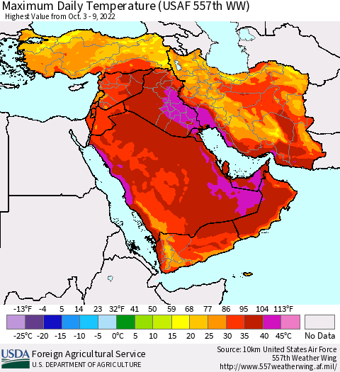 Middle East and Turkey Maximum Daily Temperature (USAF 557th WW) Thematic Map For 10/3/2022 - 10/9/2022